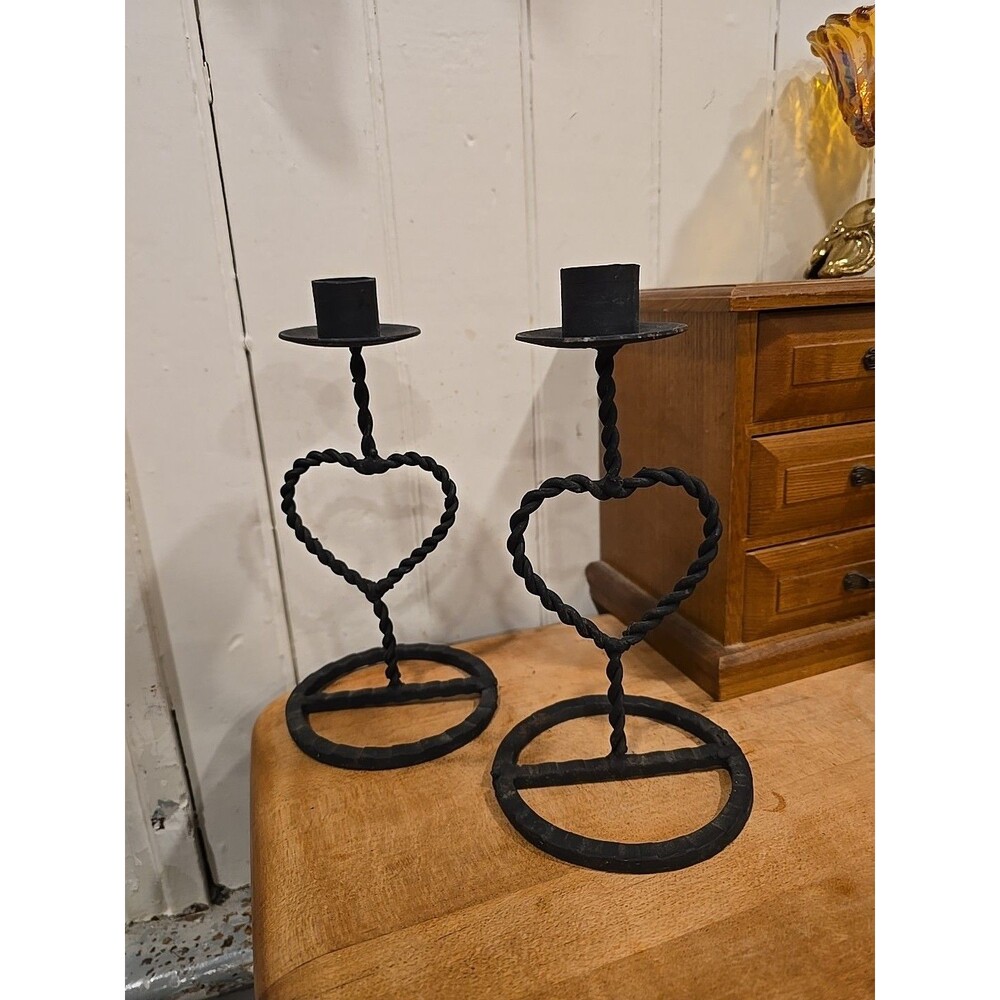 2 Black Twisted Iron Heart Candlesticks Dark Academia Gothic Romance Decor